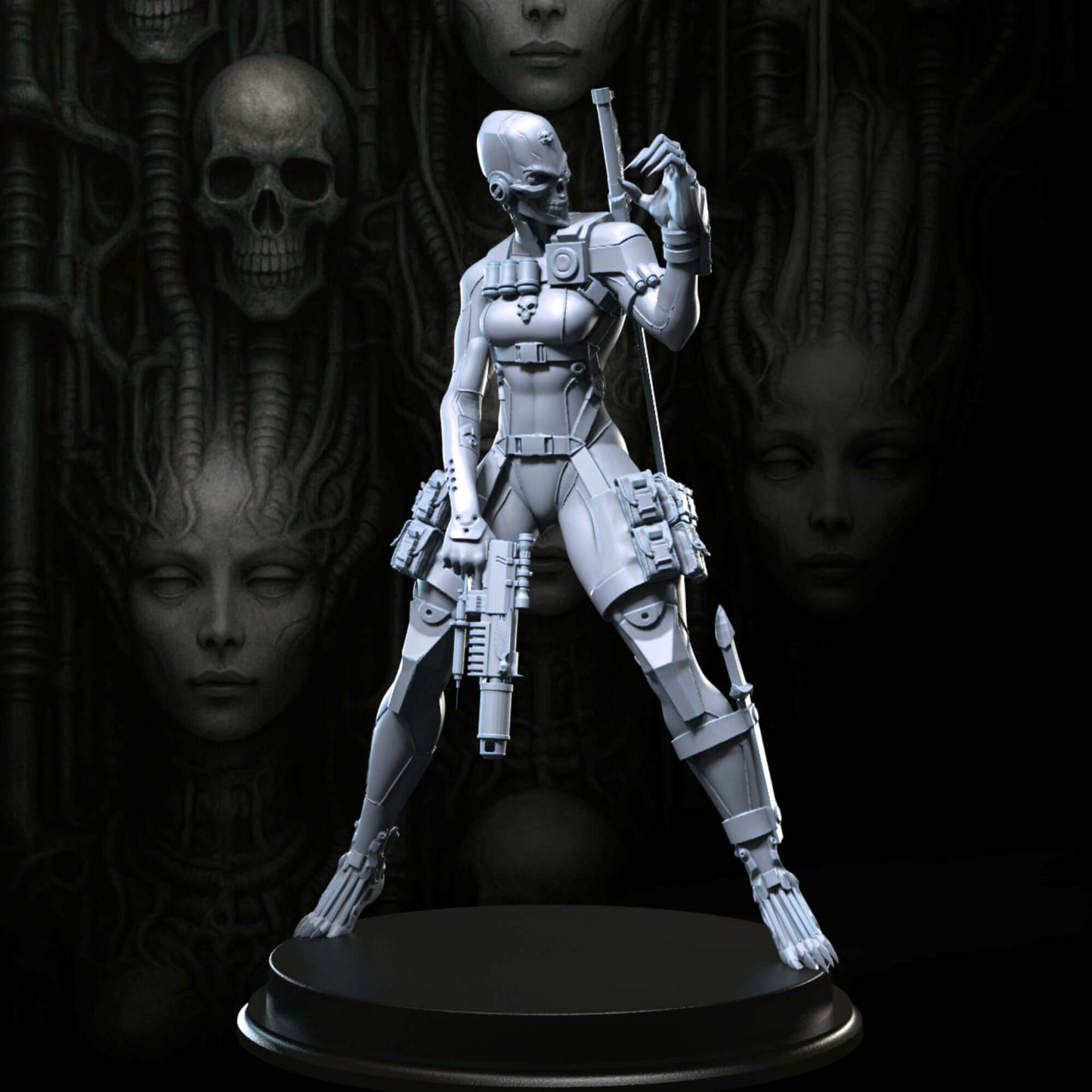 Assassin Justicar Nyrrha 75mm figurine, sci-fi fantasy model, detailed design, grey ABS-like resin, collectible miniature.