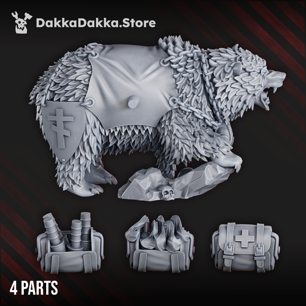 Redemption Warbear miniature, 18 mm tall, detailed resin model of a chained and armoured war beast with barbed fur, standing on a round base.