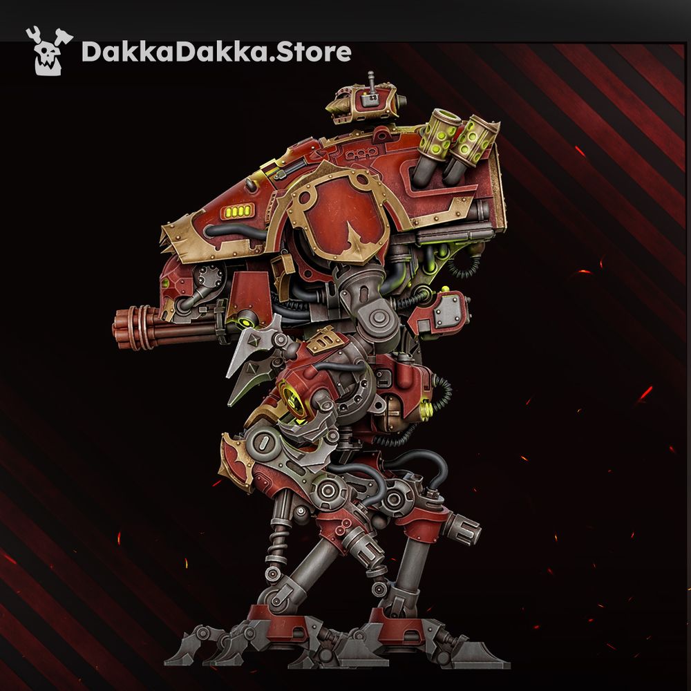 Side profile view showing large shoulder cannon, rear exhausts and corrupted warband detail across the armour plating