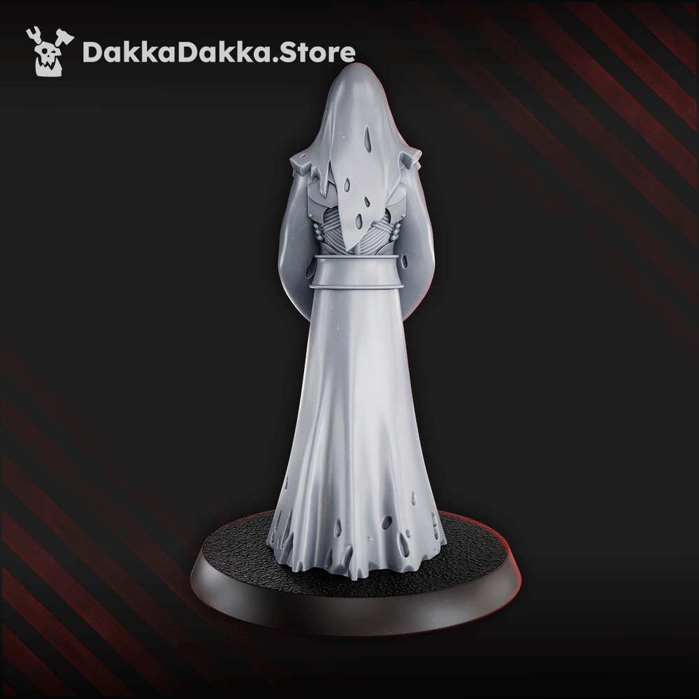 Trench Crusade Style Tet'o Matriarch Servant resin miniature front and back views showing tattered robes and cruciform blade