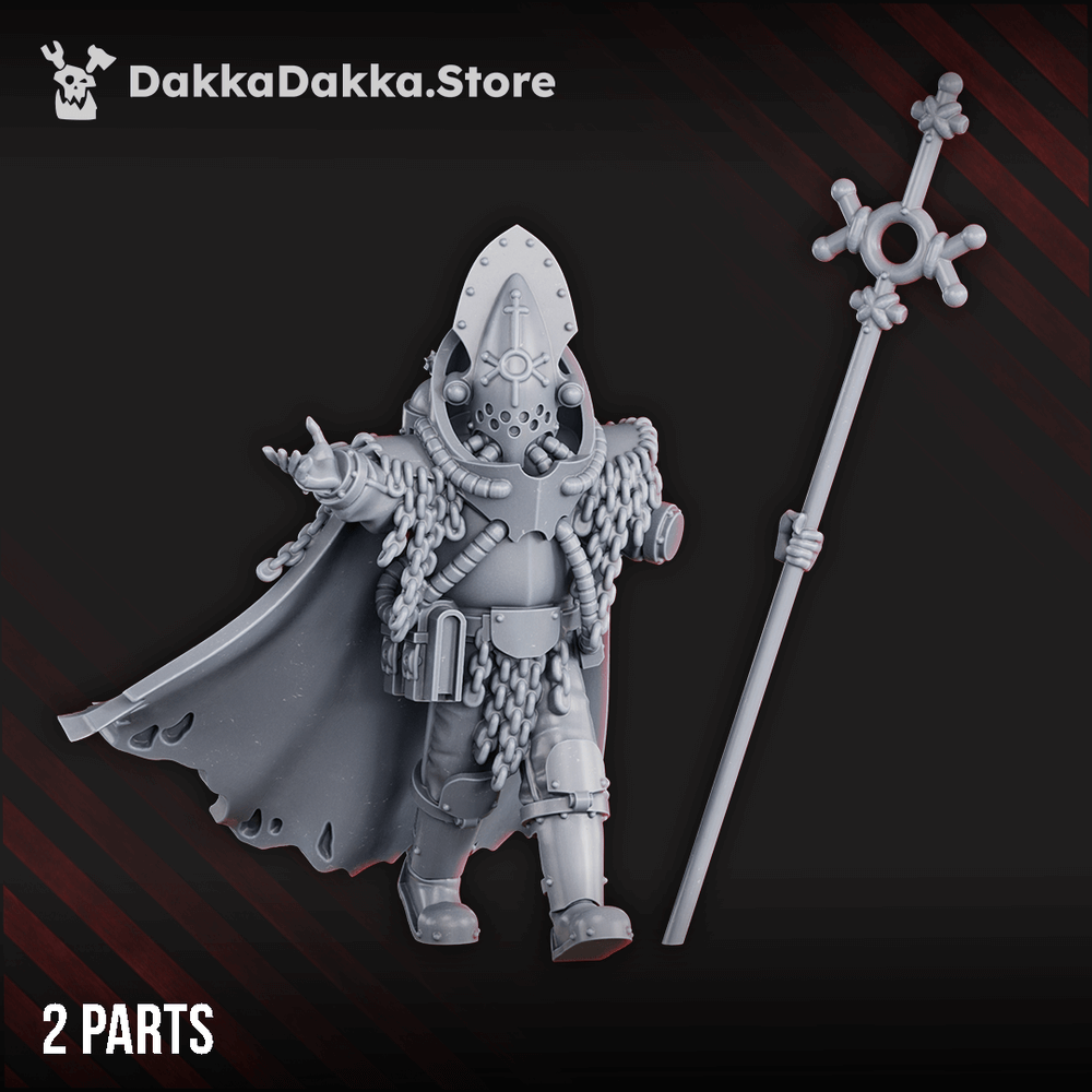 Trench Crusade Style Tet'o Herald 33mm resin miniature with staff and chains, front and rear views