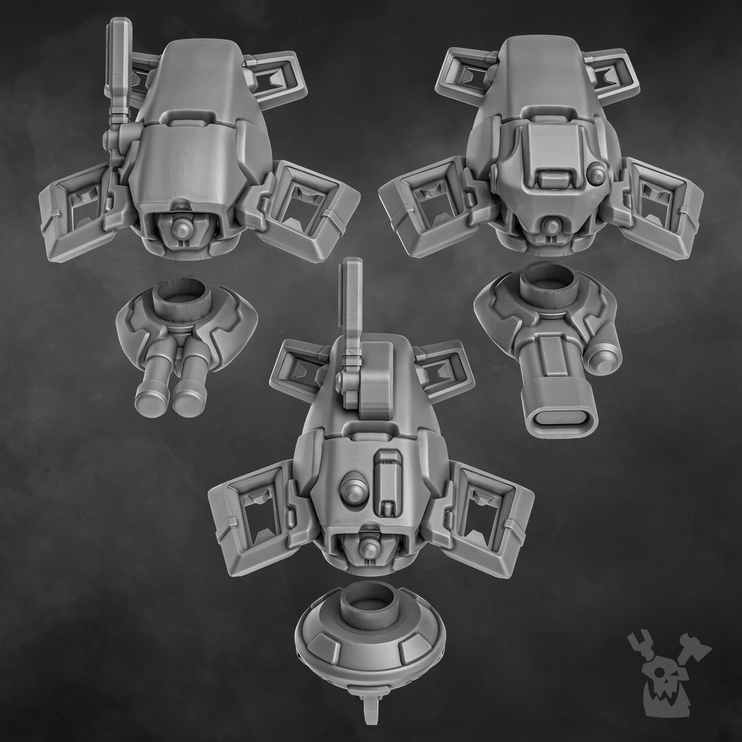 Gray sci-fi battlesuit model drones showcasing advanced weapon systems and intricate design, ideal for shadow combat.