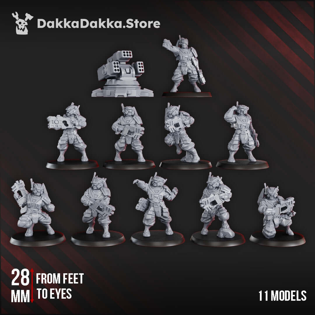 Sci-Fi Special Forces Squad Breakout Team by DakkaDakka, comprising 11 detailed 28mm resin models for gaming.