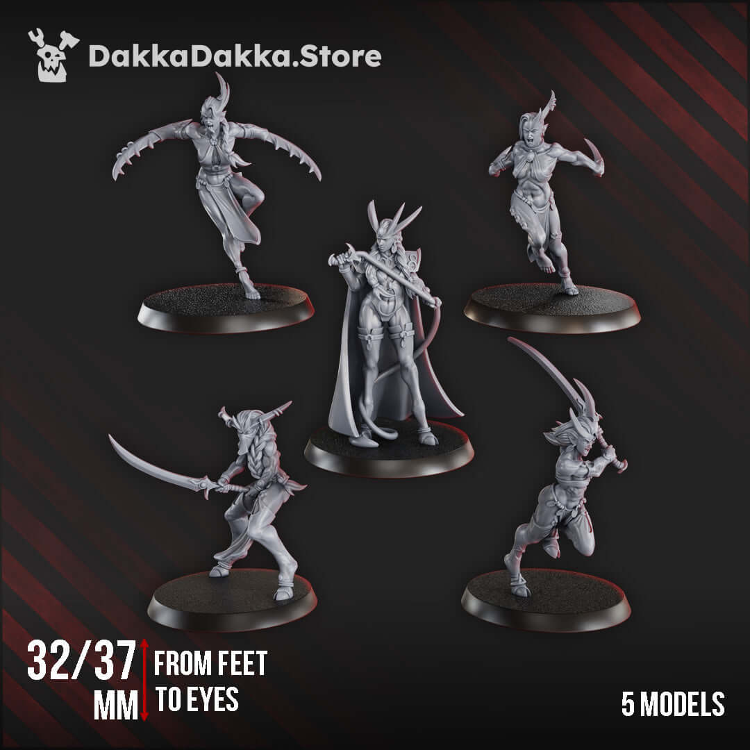 Five 32/37 mm Sci-Fi female miniatures from DakkaDakka, representing the Liberated Slaves Squad with unique weapons.