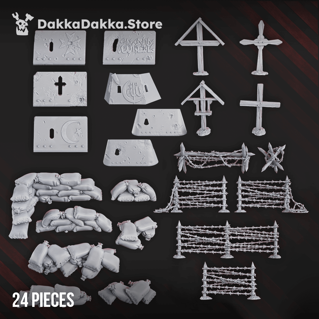 24 Grimdark sci-fi terrain pieces by DakkaDakka, perfect for trench-themed wargames and durable ABS-like resin.