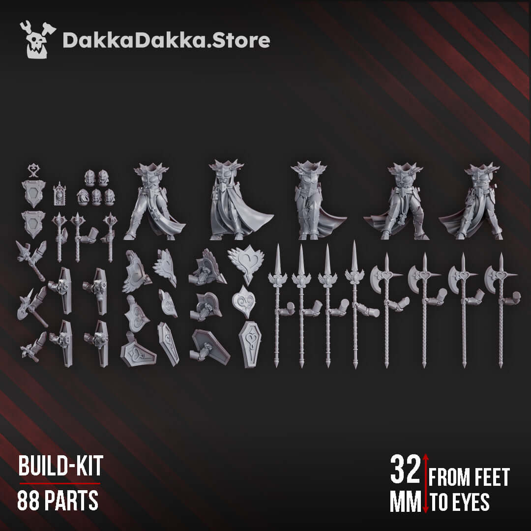 Maidens of Praesidium Build Kit featuring 88 parts, including miniatures and weapons made from durable grey resin.
