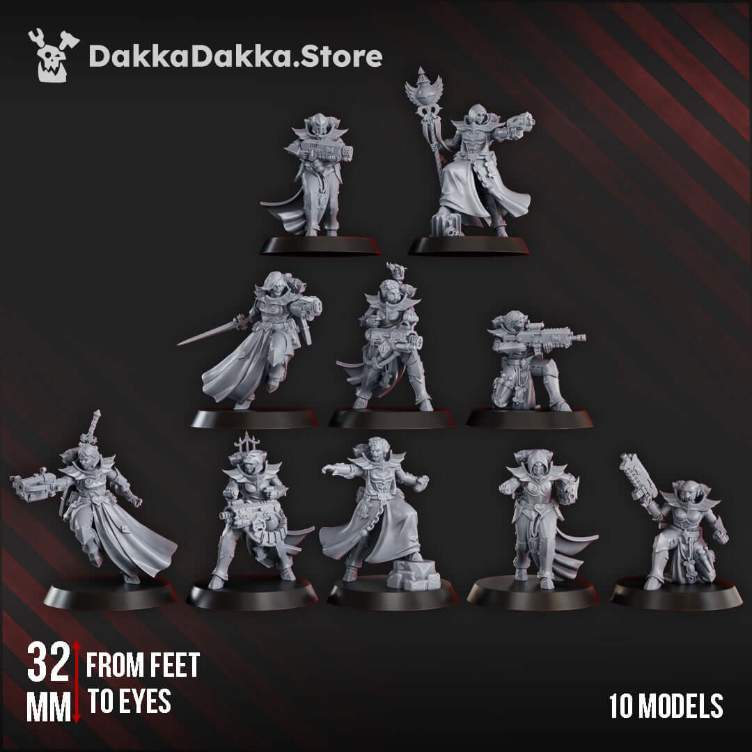 Maidens of Vengeance sci-fi wargaming miniatures by DakkaDakka, set of 10 models in grey resin on bases.