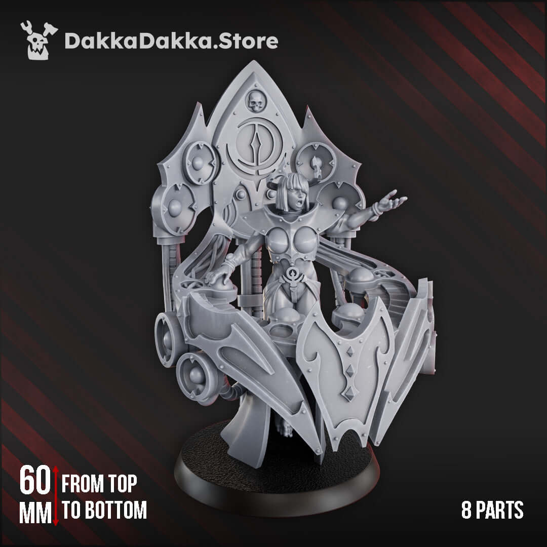 Sci-Fi Chaos Cult Female Miniature Idolators Soloist on ornate exo-throne, 60mm tall, featuring 8 detailed parts.