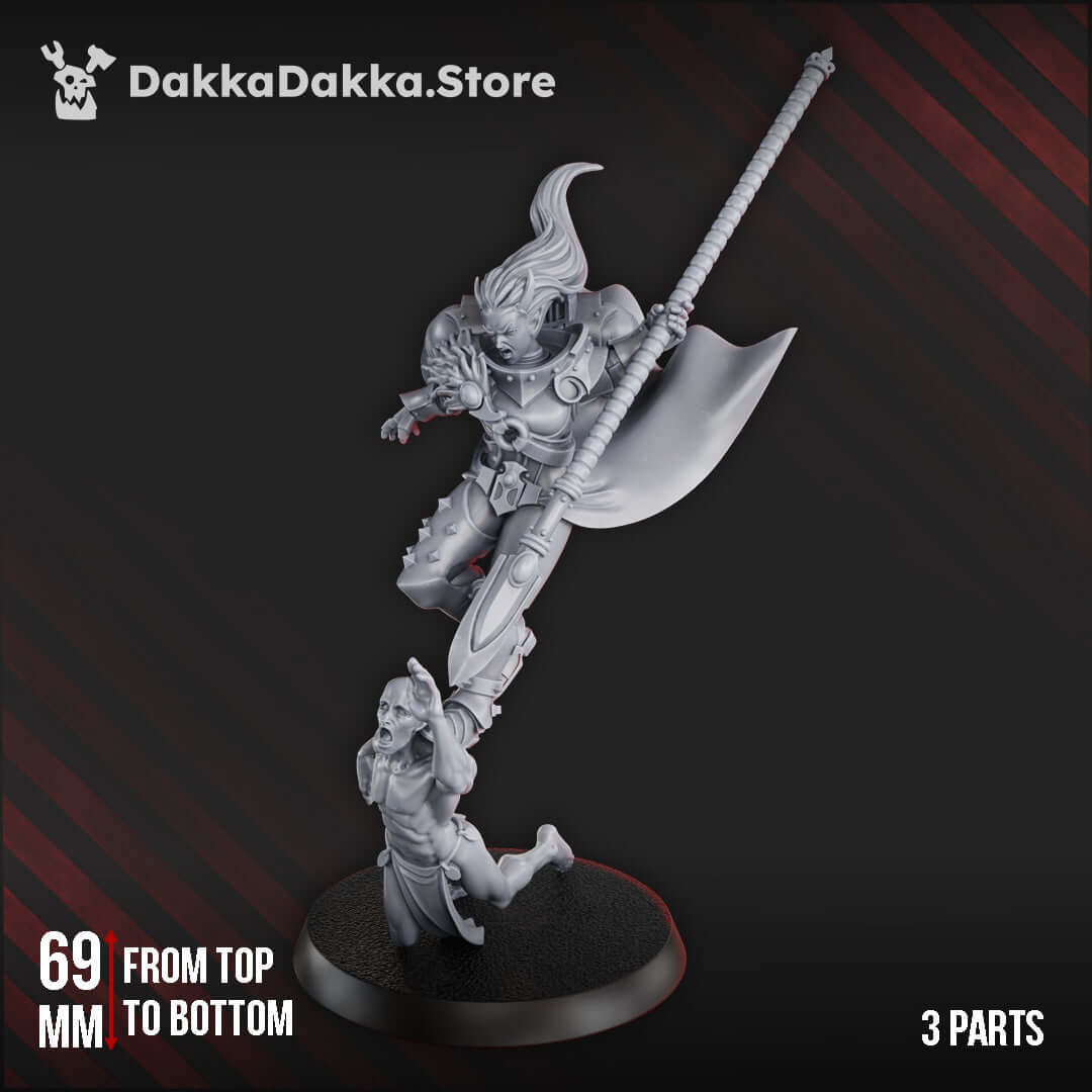 Female Chaos Cult Hero Elza miniature in 3 parts, showcasing intricate design and dynamic pose, 69mm tall.
