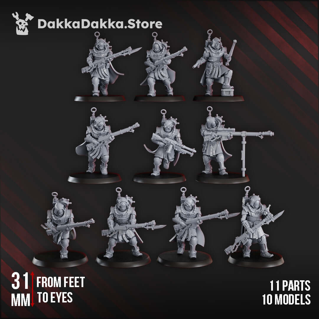Satellitum Ranged Squad miniatures, 10 detailed models posable for sci-fi wargaming, printed in high-quality resin, 31mm tall.