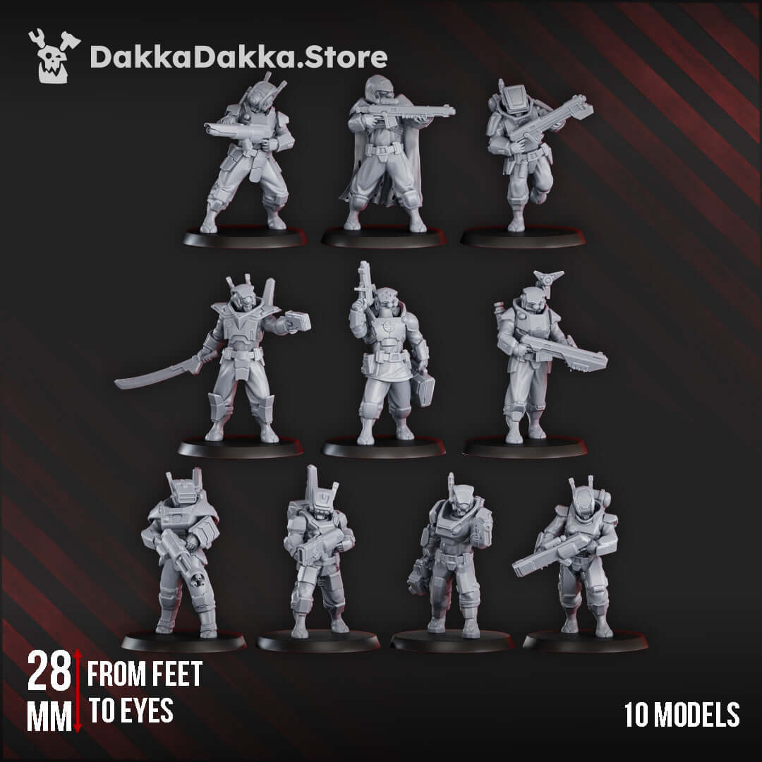 Three sci-fi fire warrior miniatures from MSC Operations Team, showcasing detailed design and advanced weaponry.