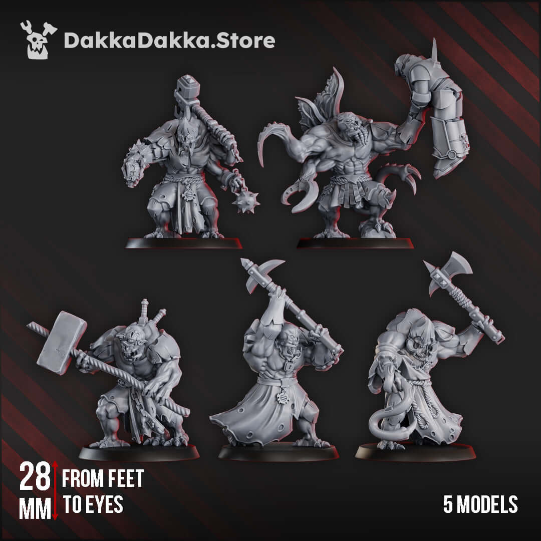 Five 28mm sci-fi miniatures from DakkaDakka.Store for tabletop wargaming, showcasing unique designs and high-quality detail.
