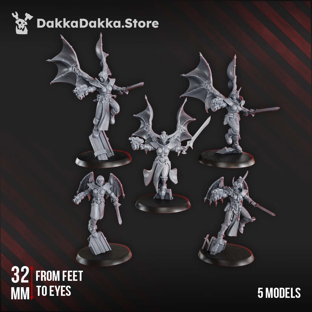 Female Sci-Fi Chaos Cult Miniatures - Gomorrah Angels Squad showcasing 5 detailed models on bases, perfect for tabletop gaming.