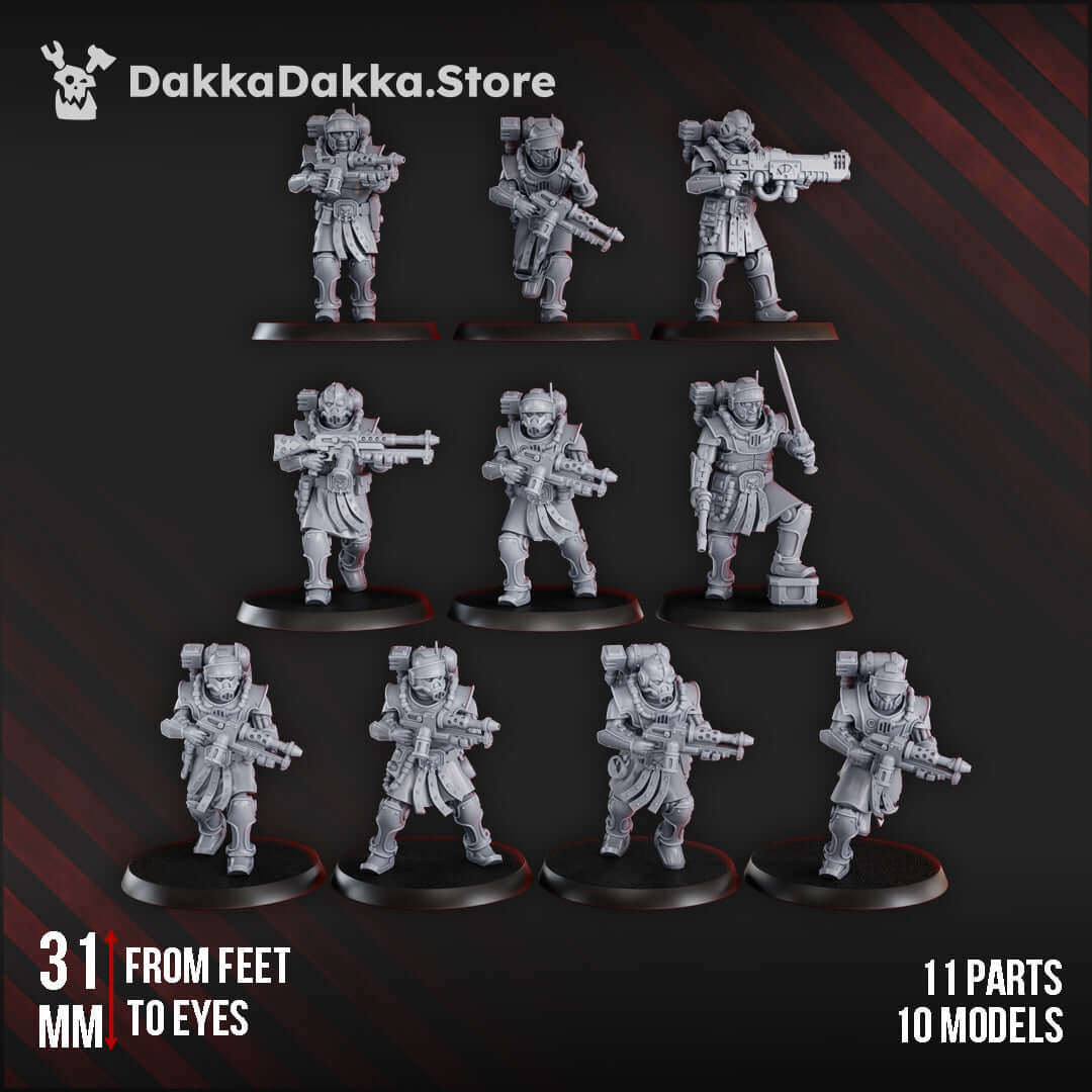 Satellitum MechGuards Squad miniatures, 10 durable resin figures for sci-fi wargaming, 31mm from feet to eyes.