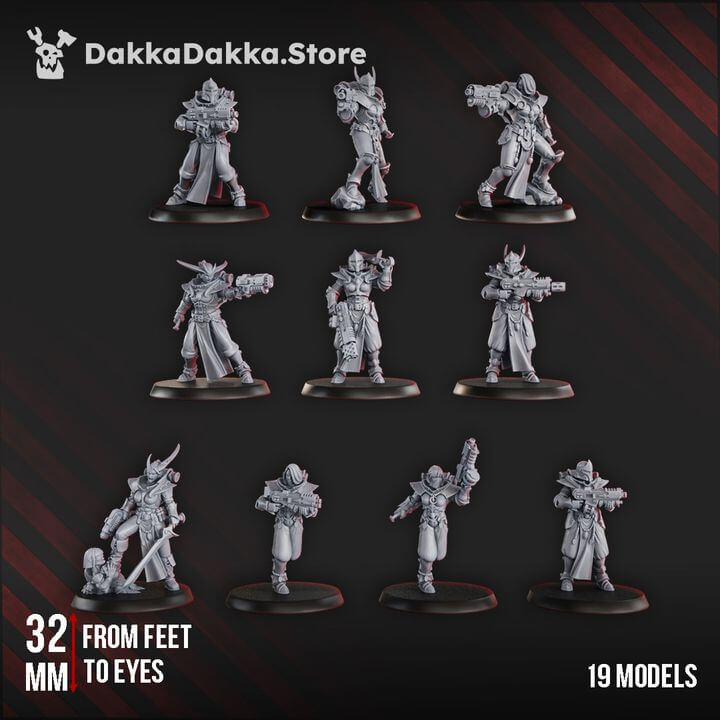 Gomorrah Idolaters Squad x19 sci-fi wargaming miniatures, 32mm tall, showing detailed resin models in action poses.