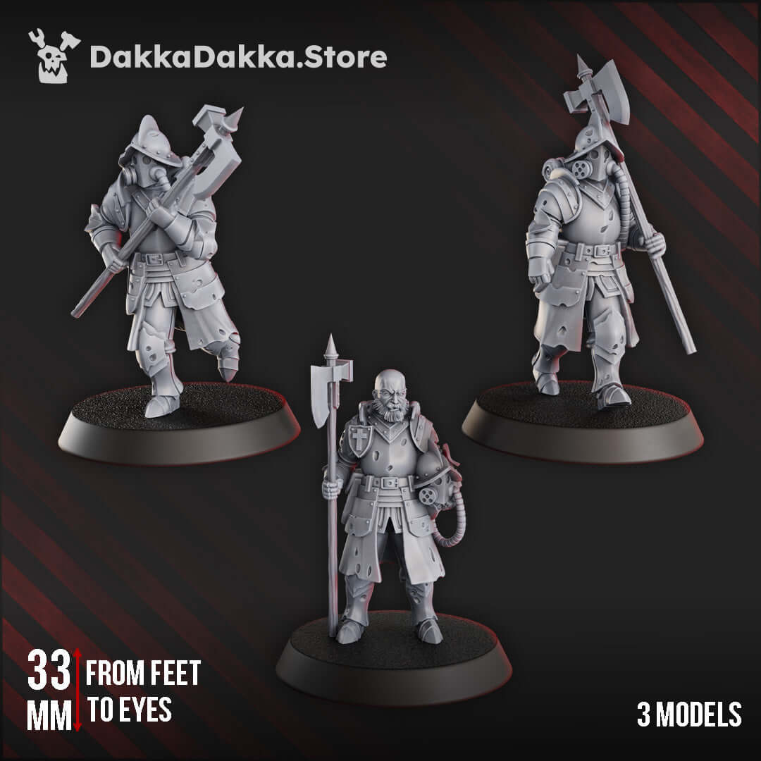 Three 33mm Conquistador Vanguard miniatures in grey resin for gothic horror wargames by DakkaDakka.