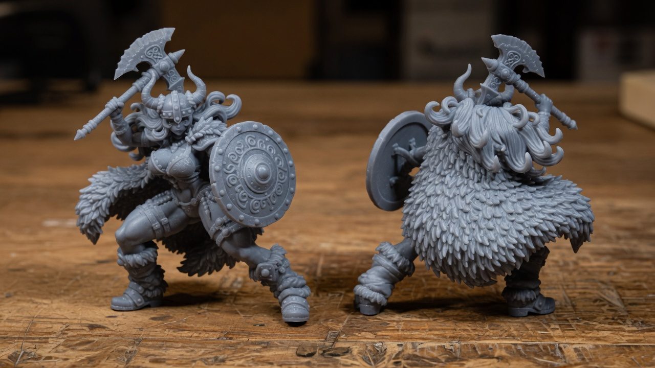 Grey resin miniature front and rear views side by side showing fur cloak detail and axe pose
