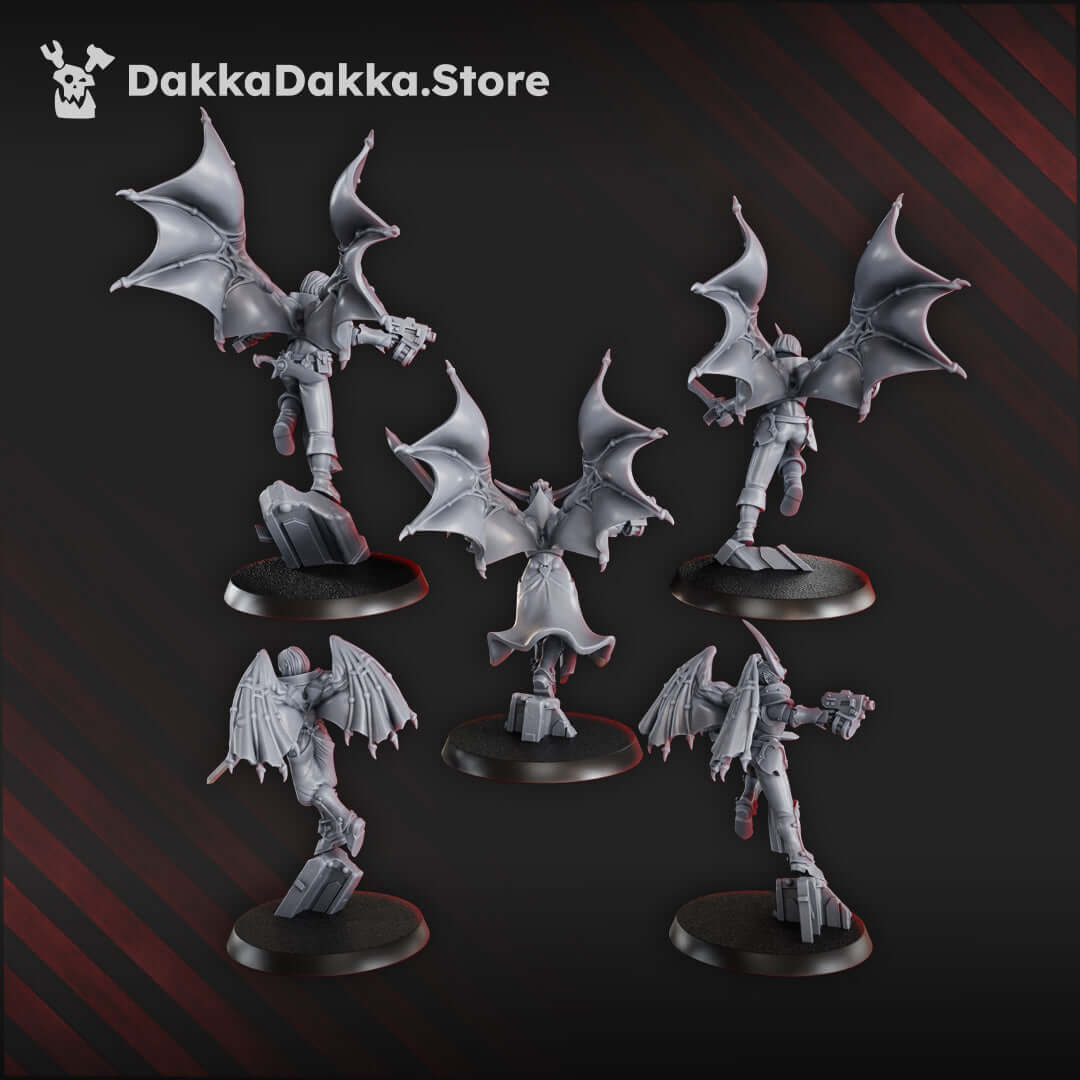 Female Sci-Fi Chaos Cult Miniatures - Gomorrah Angels Squad showcasing 5 detailed models on bases, perfect for tabletop gaming.