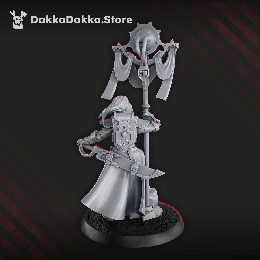 Sci-Fi Chaos Cult female miniature holding sonic standard, designed by DakkaDakka.store, 33mm tall.