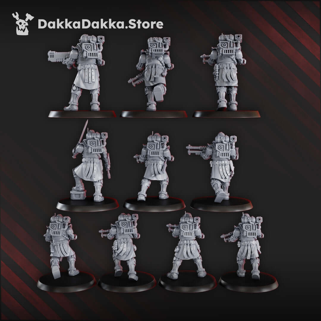 Satellitum MechGuards Squad miniatures set - 10 sci-fi models on 28mm bases, designed for tabletop wargaming.