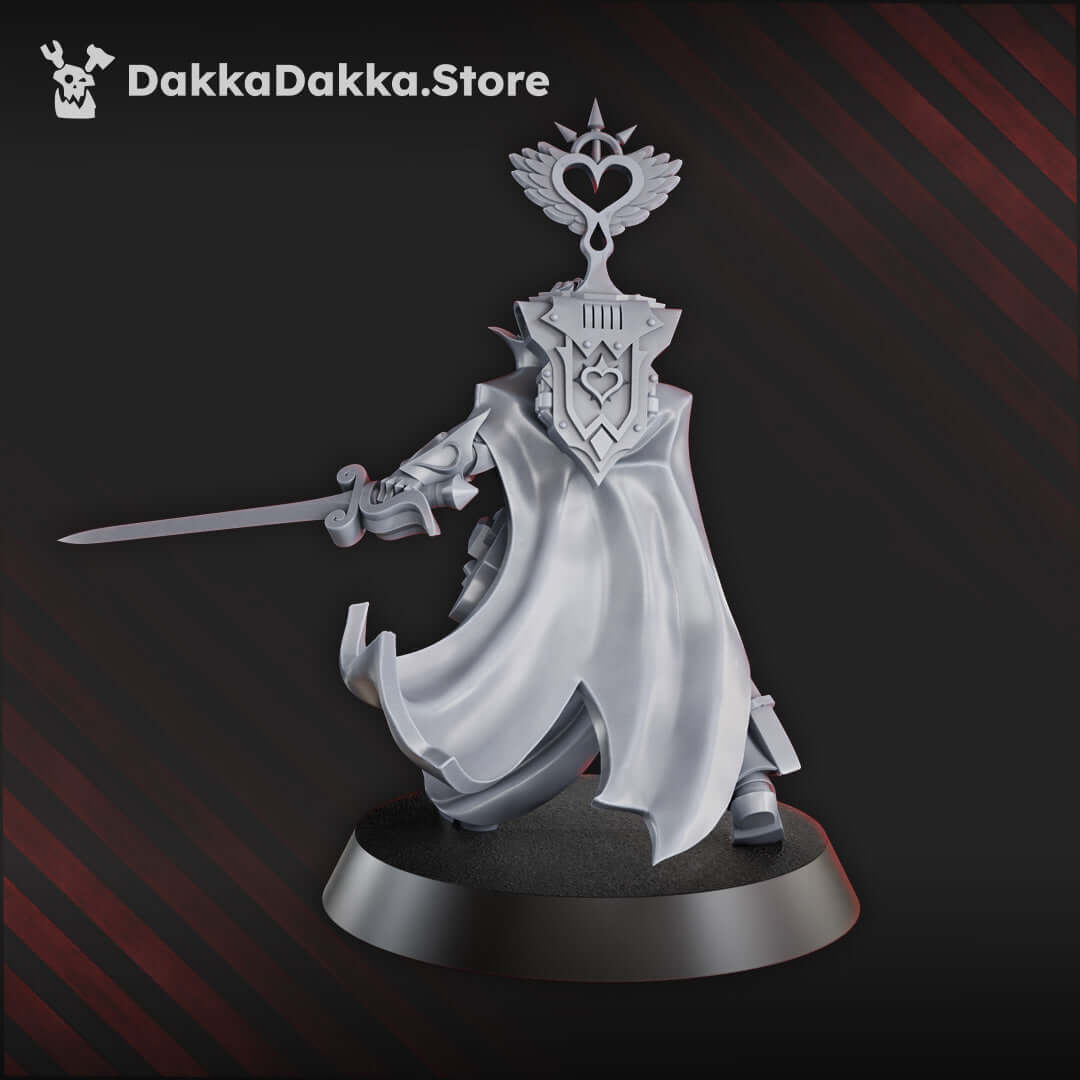 Maidens of Praesidium Abbatissa Elvira Vespertilion miniature with sword, designed for sci-fi tabletop games.