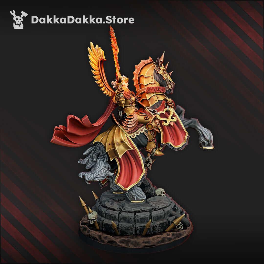 Seraphiel Saint Ordine Vendetta miniature by DakkaDakka, mounted warrior with holy fire and ornate battle regalia.