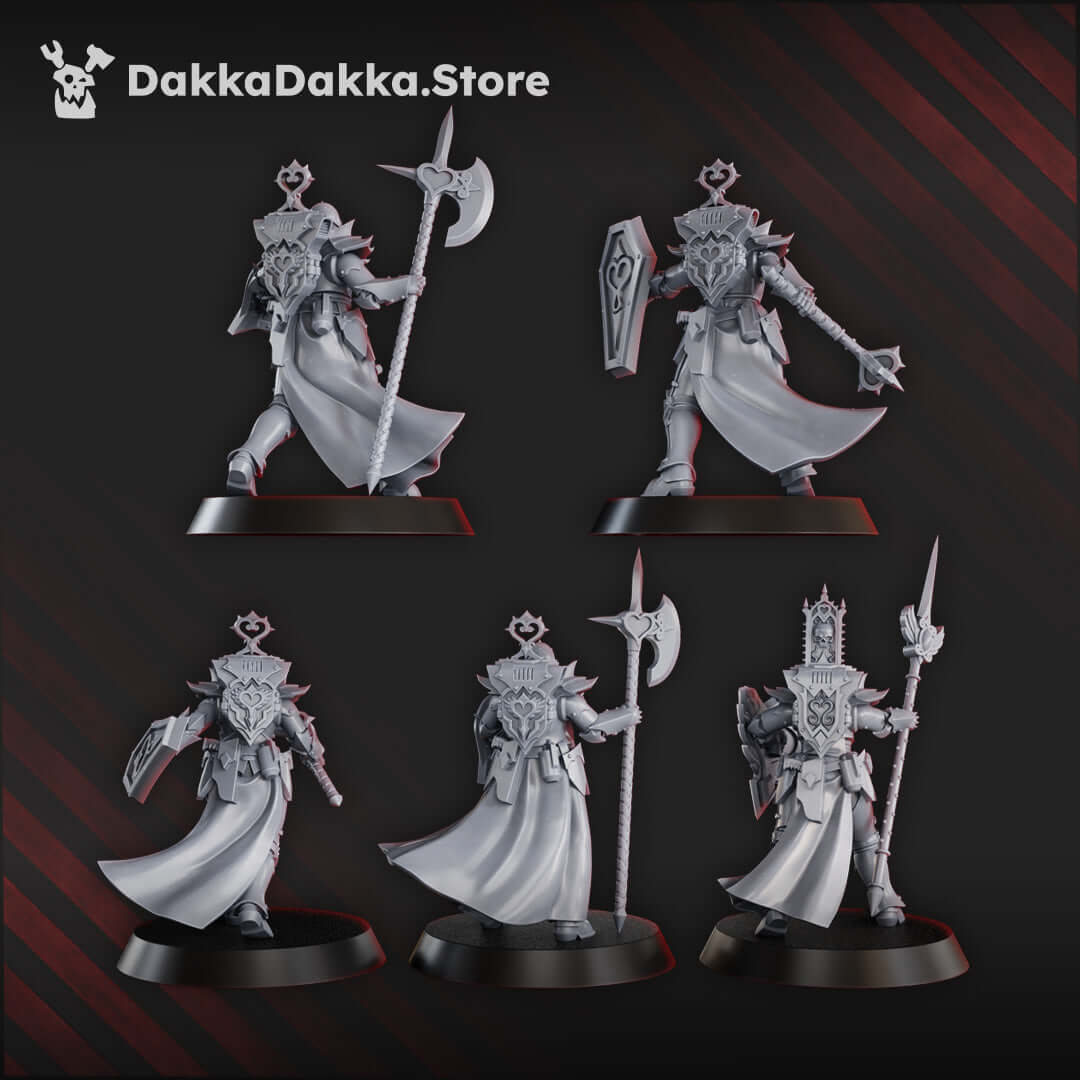 Five Maidens of Praesidium sci-fi miniatures on 28mm bases, crafted from high-quality grey resin for wargaming.