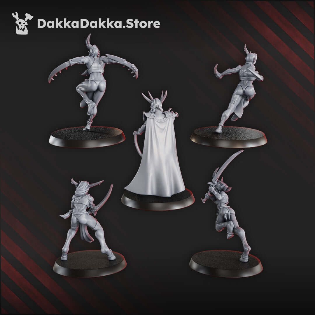 Five 32/37 mm Sci-Fi female miniatures from DakkaDakka, representing the Liberated Slaves Squad with unique weapons.