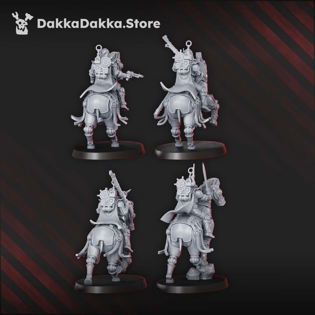 Four 31 mm sci-fi Machine Cult cavalry miniatures riding biomechanical horses, armed with lances and rifles.