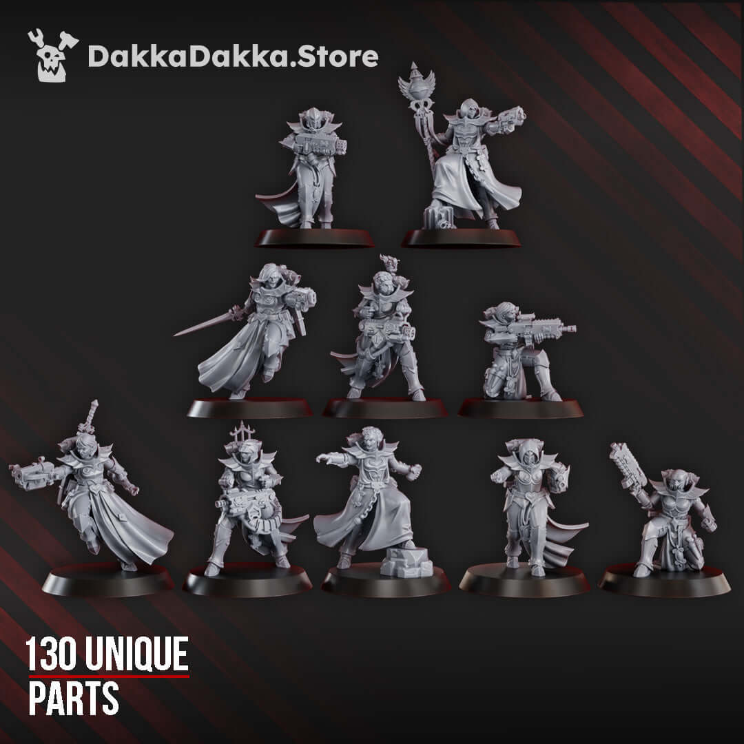 Maidens of Vengeance Build Kit: 10 sci-fi miniatures in grey resin with 130 unique parts for tabletop gaming.