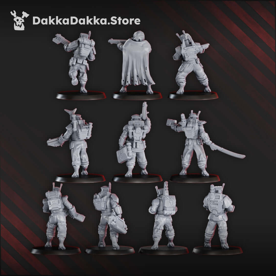 Three sci-fi fire warrior miniatures from MSC Operations Team, showcasing detailed design and advanced weaponry.