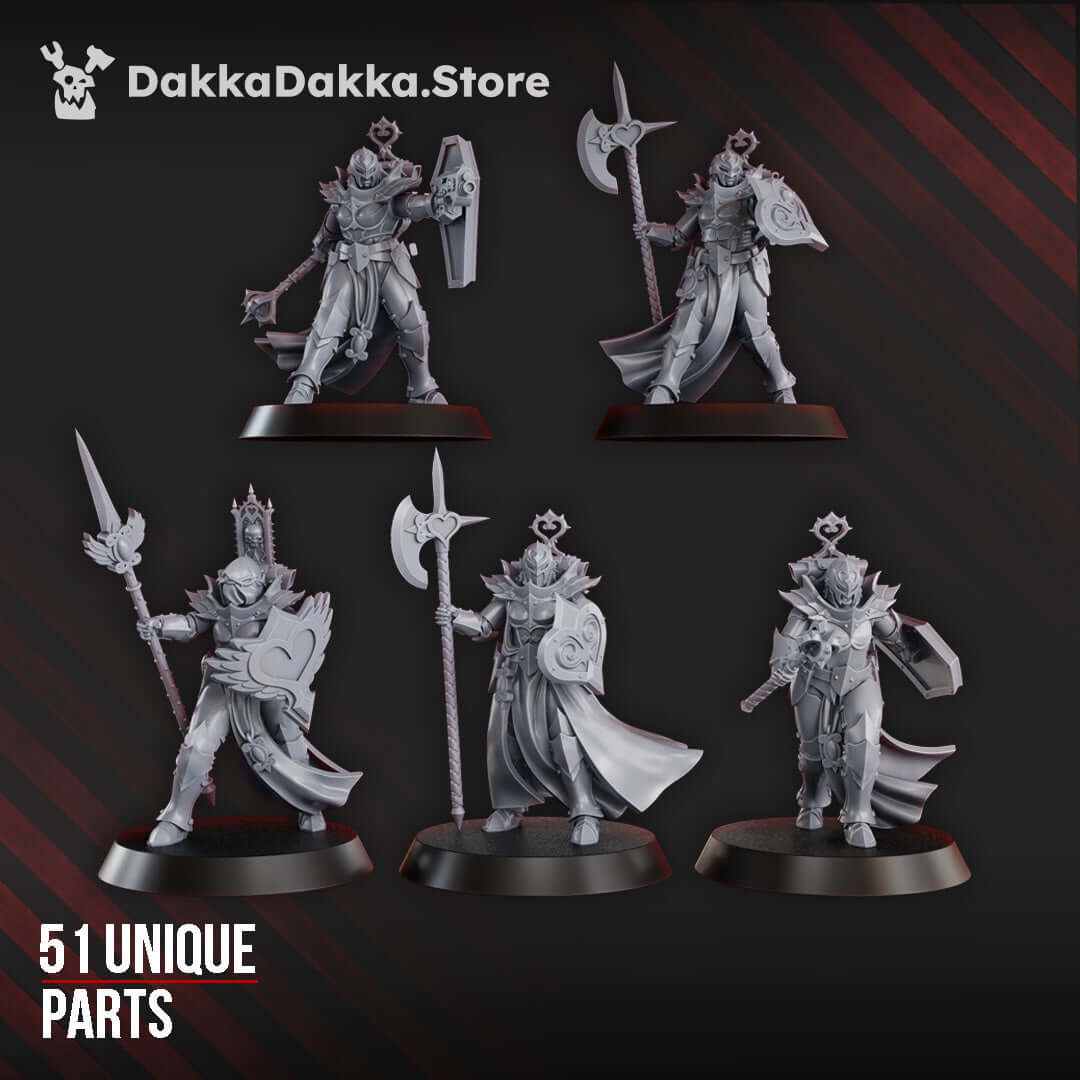 Maidens of Praesidium Build Kit featuring 5 unique sci-fi miniatures, detailed in grey ABS-like resin for tabletop games.
