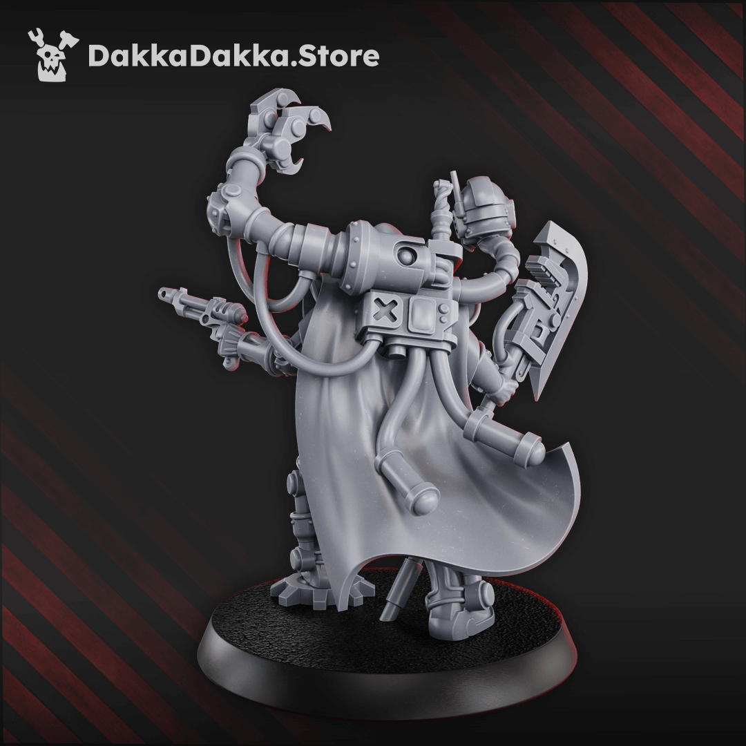 Machine Cult Archimech Engineer resin miniature, 32 mm model with mechanical limbs, servo-arms, wrench and pistol, in dark techno-religious robes.