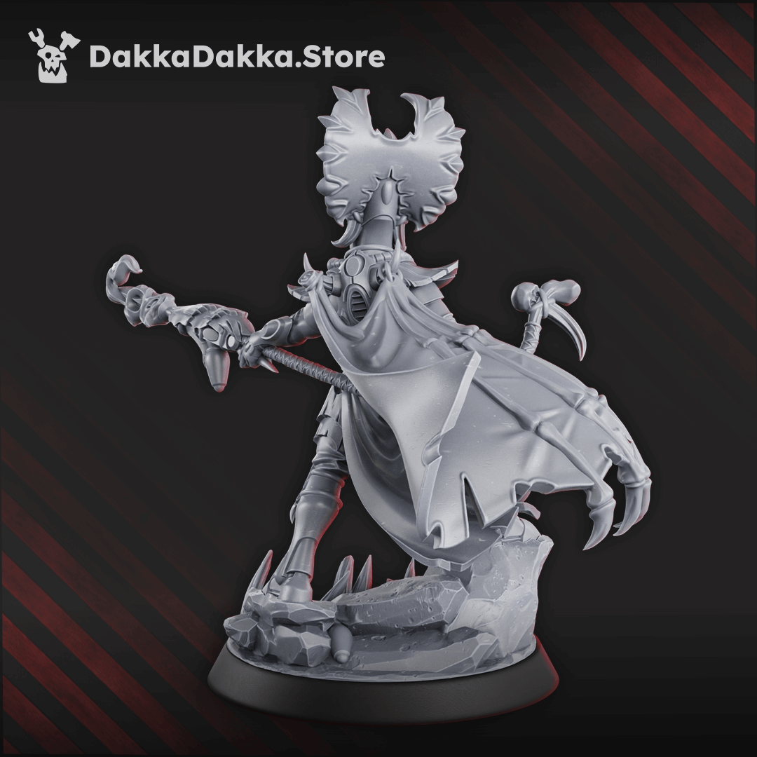 Caruskaibe the Primalsoul Gothic sci-fi space elf miniature with ornate headdress and energy staff
