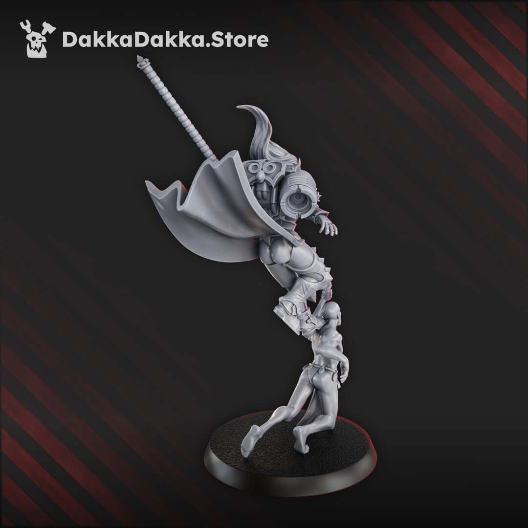 Female Chaos Cult Hero Elza miniature in 3 parts, showcasing intricate design and dynamic pose, 69mm tall.