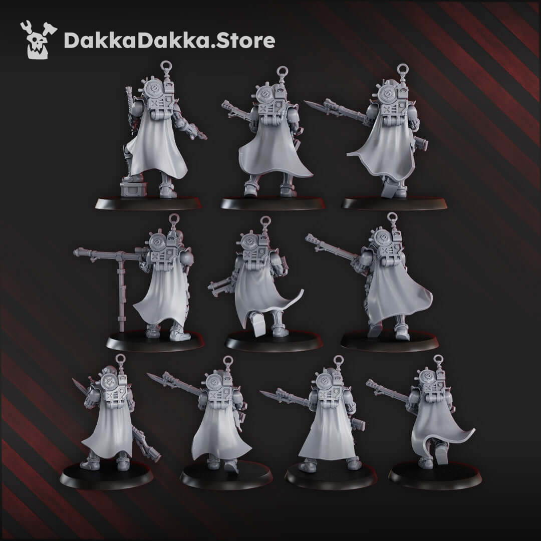 Satellitum Ranged Squad miniatures, 10 high-quality sci-fi models for tabletop gaming, showcasing electrical weapons and cloaks.