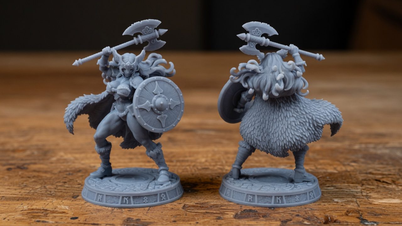Odin Daughter 3 resin miniature front and rear views, 32mm Norse shieldmaiden with axe and round shield