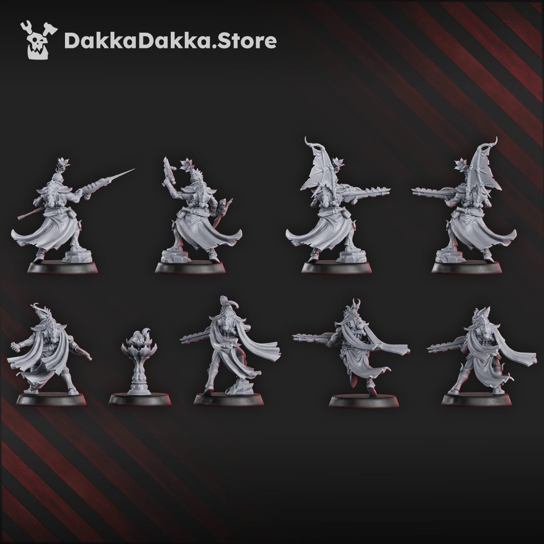 Rear view of Flamescale Squad showing flowing coats, back armour detail, and objective token piece