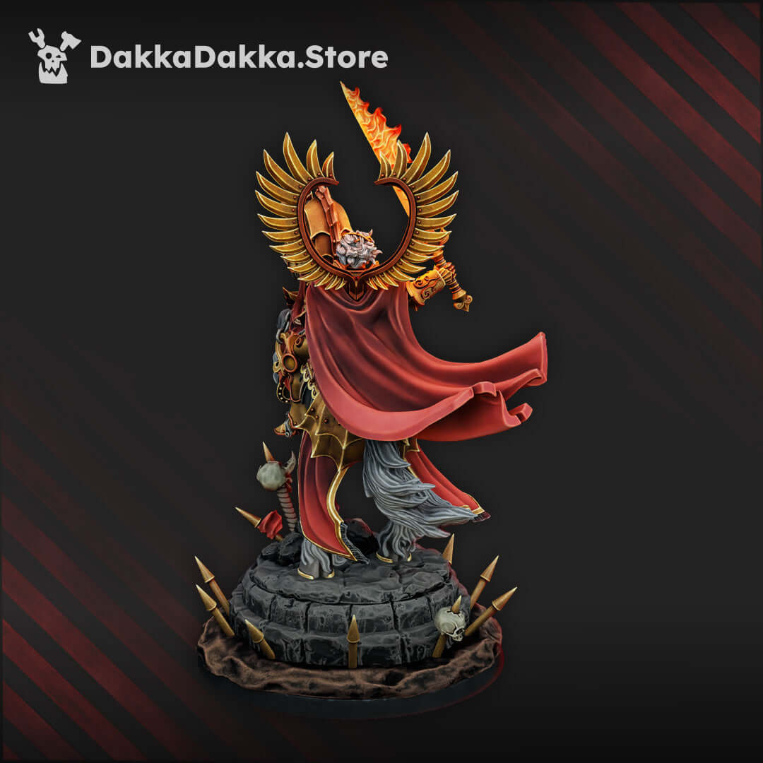 Seraphiel Saint Ordine Vendetta miniature by DakkaDakka, mounted warrior with holy fire and ornate battle regalia.