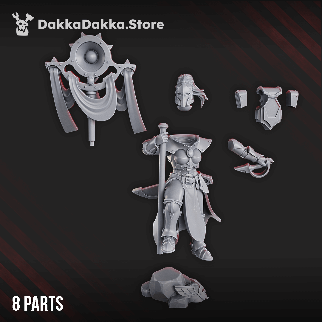 Sci-Fi Chaos Cult female miniature holding sonic standard, designed by DakkaDakka.store, 33mm tall.