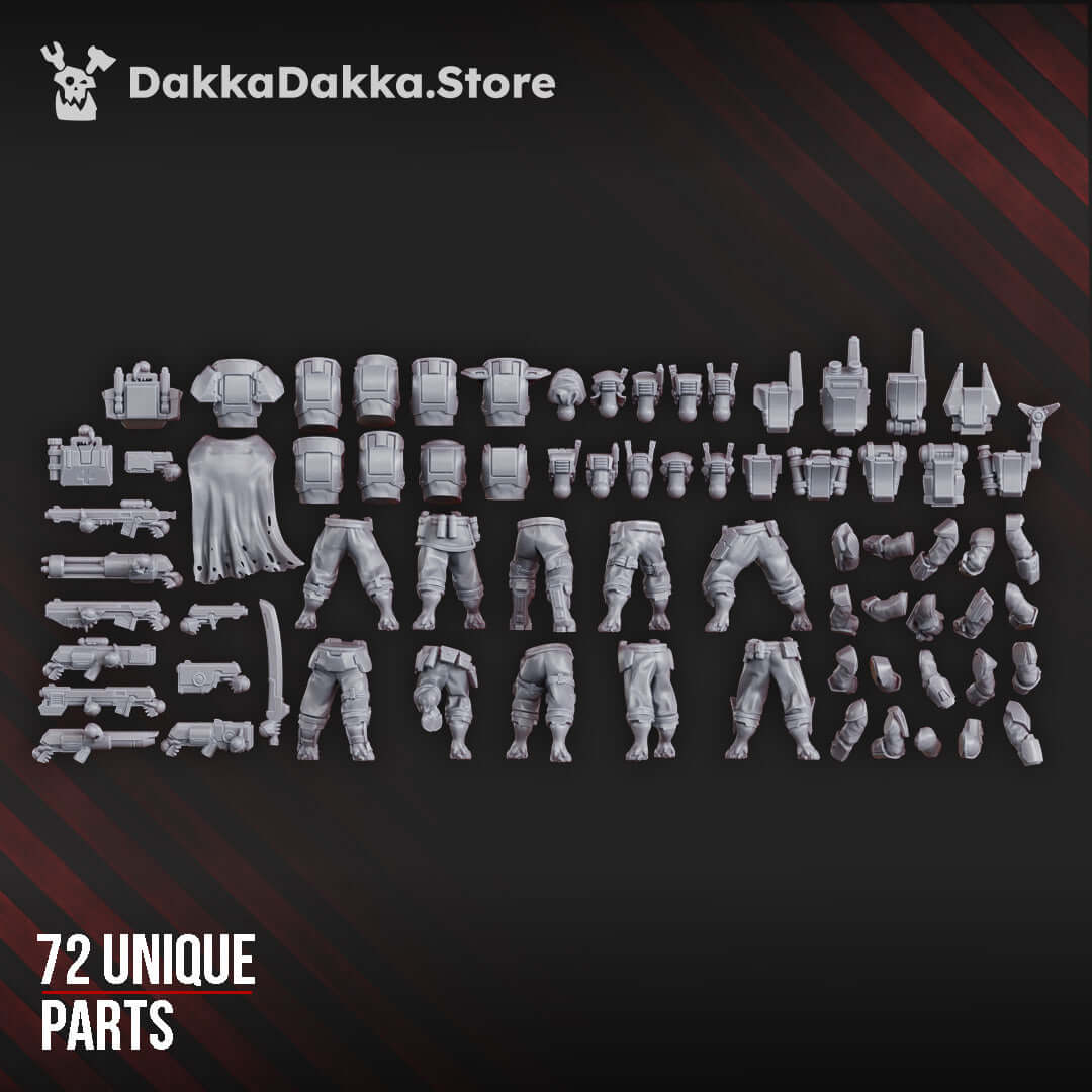 Sci-Fi Fire Warrior miniatures build kit with 78 parts, featuring customizable figures and weapons, 28mm height.