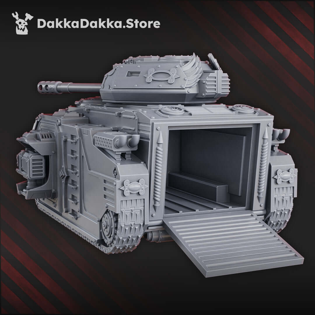The Ordine Vendetta APC model by DakkaDakka, featuring turret options and heavy side weapons for sci-fi wargaming.