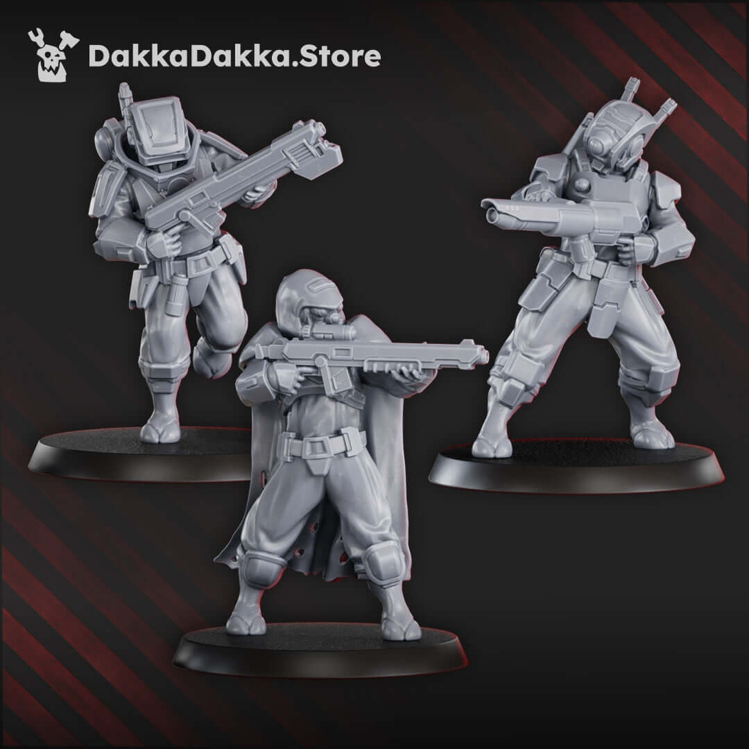 Three sci-fi fire warrior miniatures from MSC Operations Team, showcasing detailed design and advanced weaponry.