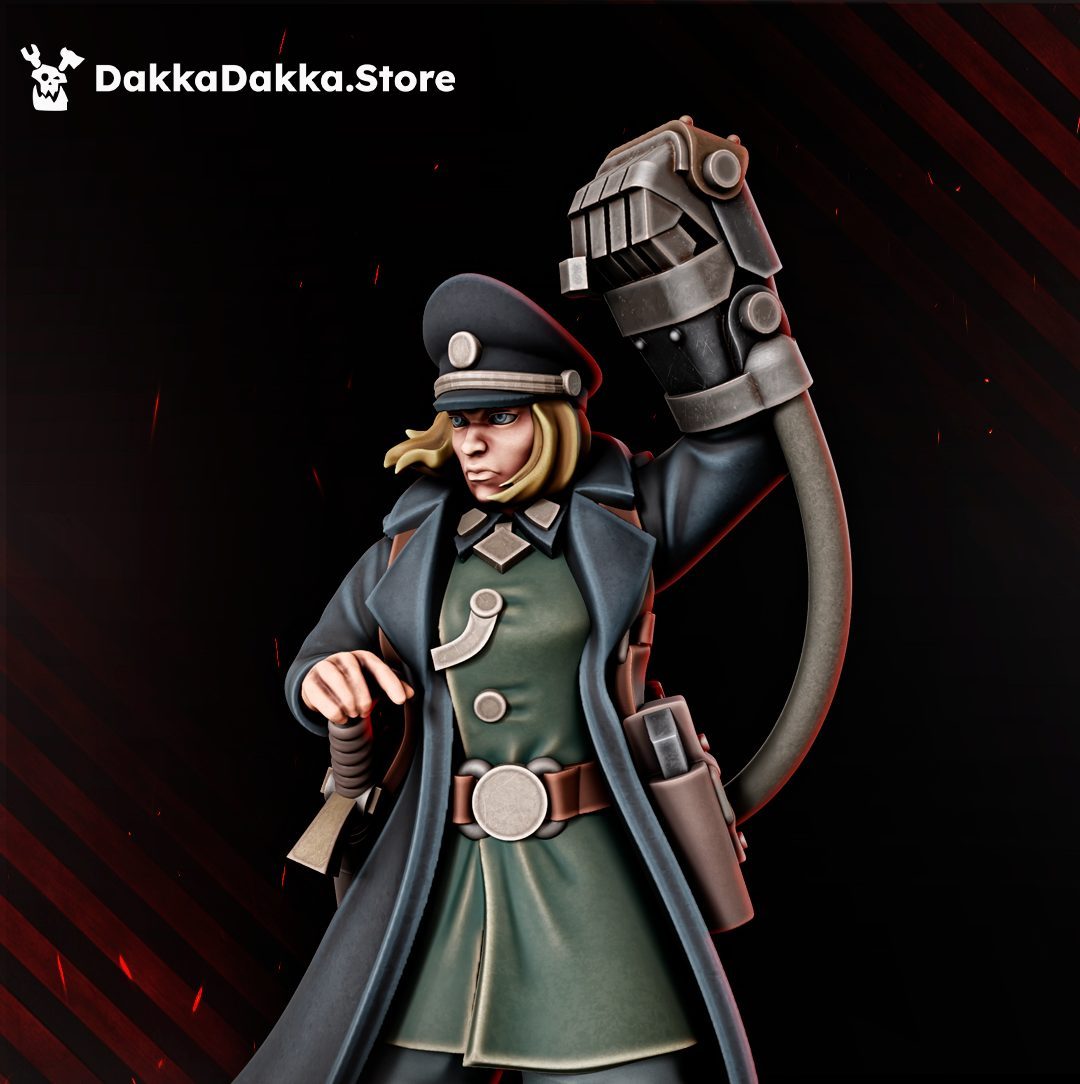 Close-up bust view highlighting facial detail, peaked cap, collar insignia and mechanical gauntlet