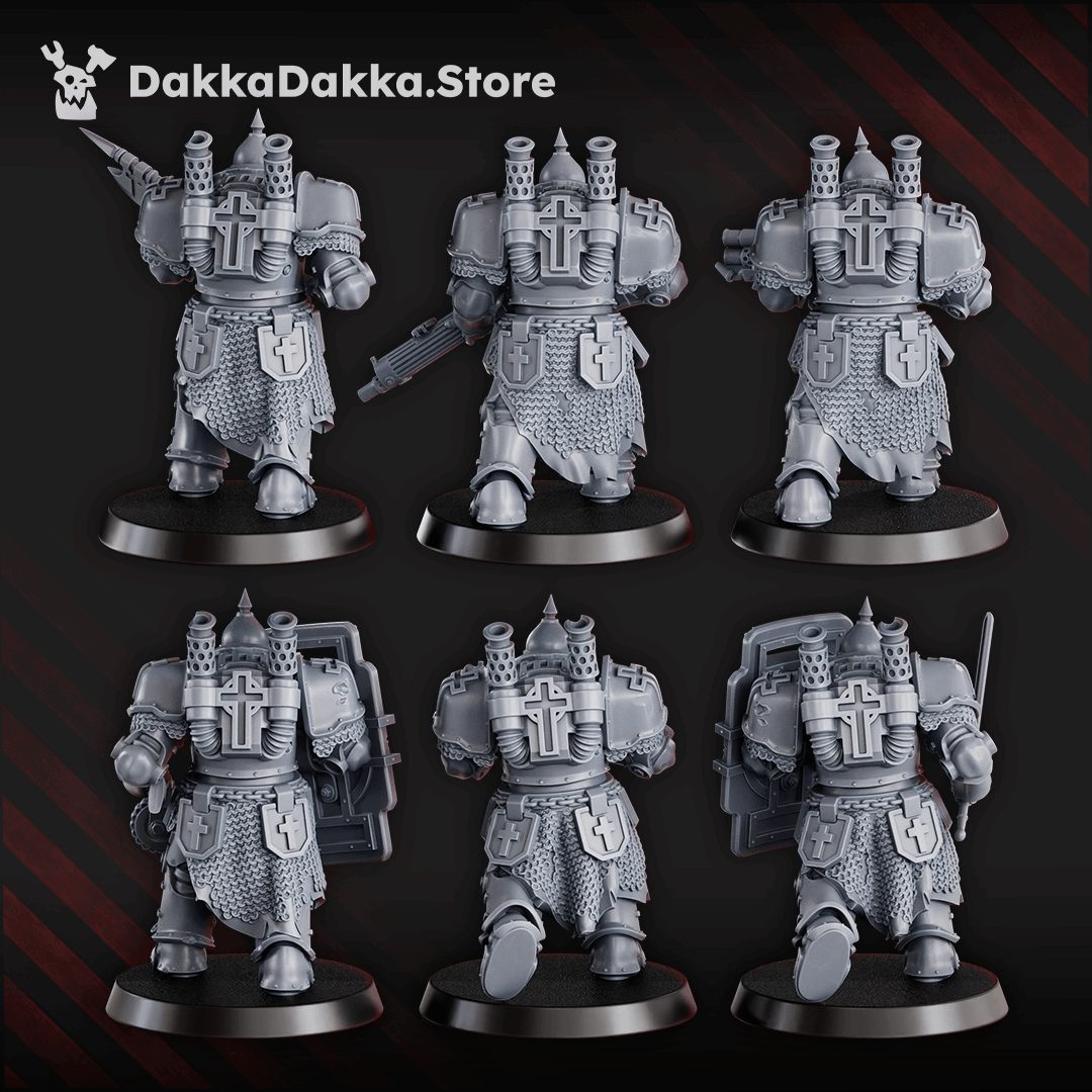 Rear and three-quarter views of all six Bogatyr miniatures highlighting exhaust stacks, cross iconography, and chainmail detail