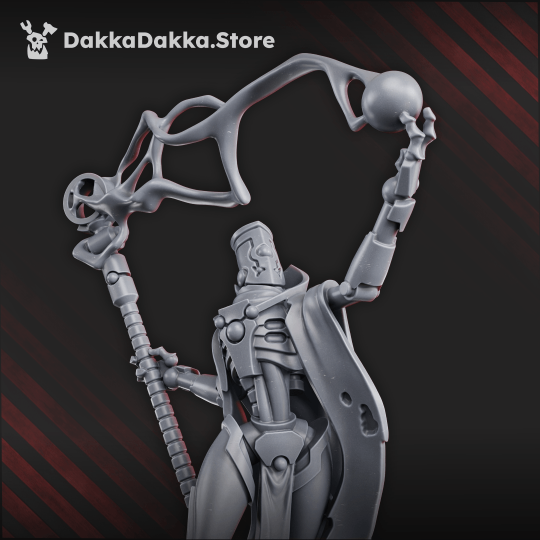 Necrotek Iron Queen standing over broken construct with energy staff