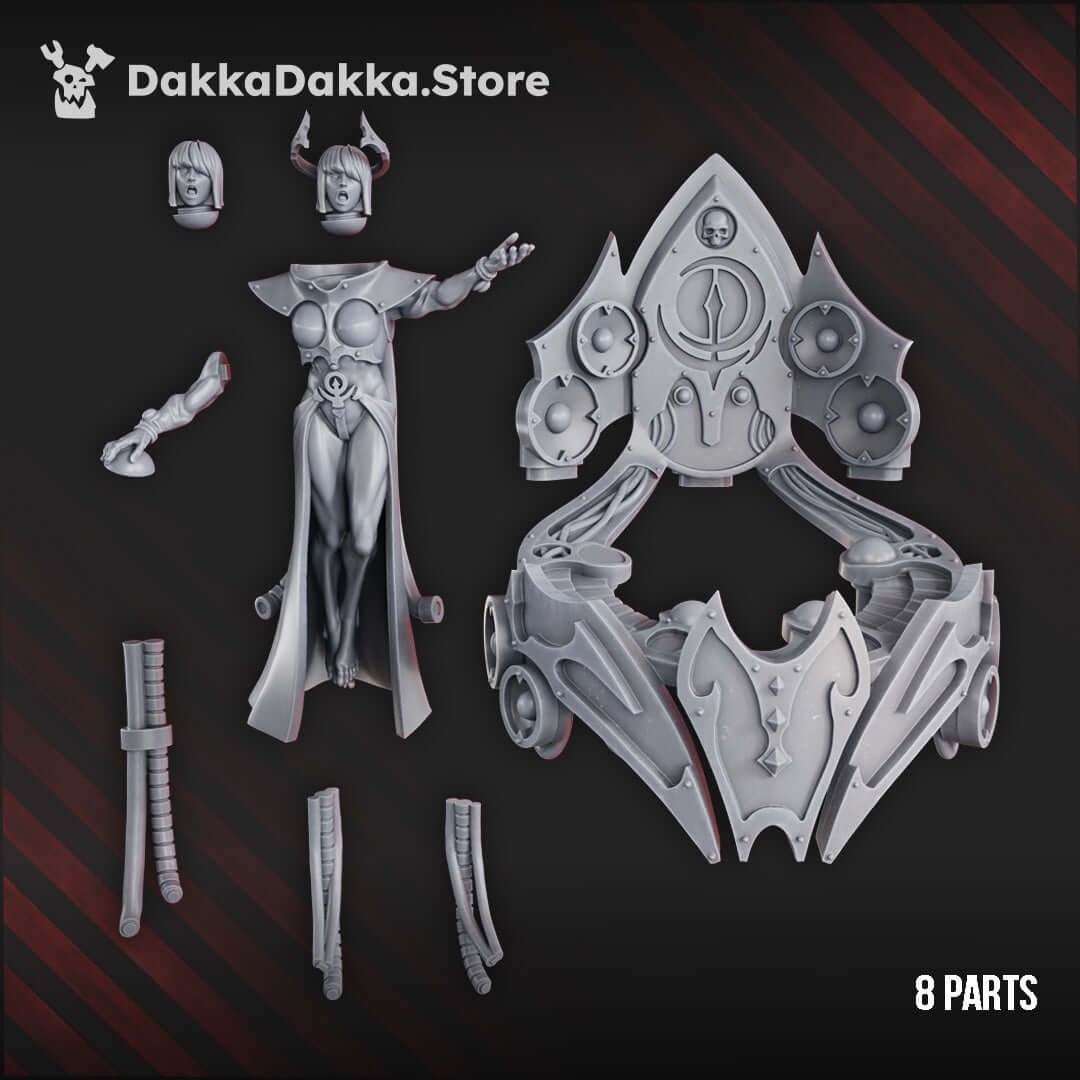 Sci-Fi Chaos Cult Female Miniature Idolators Soloist on ornate exo-throne, 60mm tall, featuring 8 detailed parts.