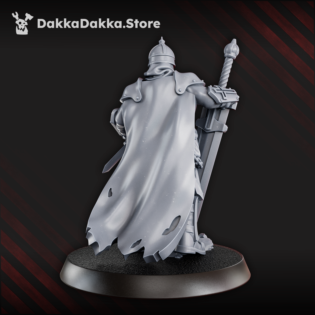 Vityaz Murovets miniature, 33 mm tall, armoured knight with chainmail and plate, helmeted and bearded, hands resting on sword with tip in the ground, featuring Orthodox symbols.