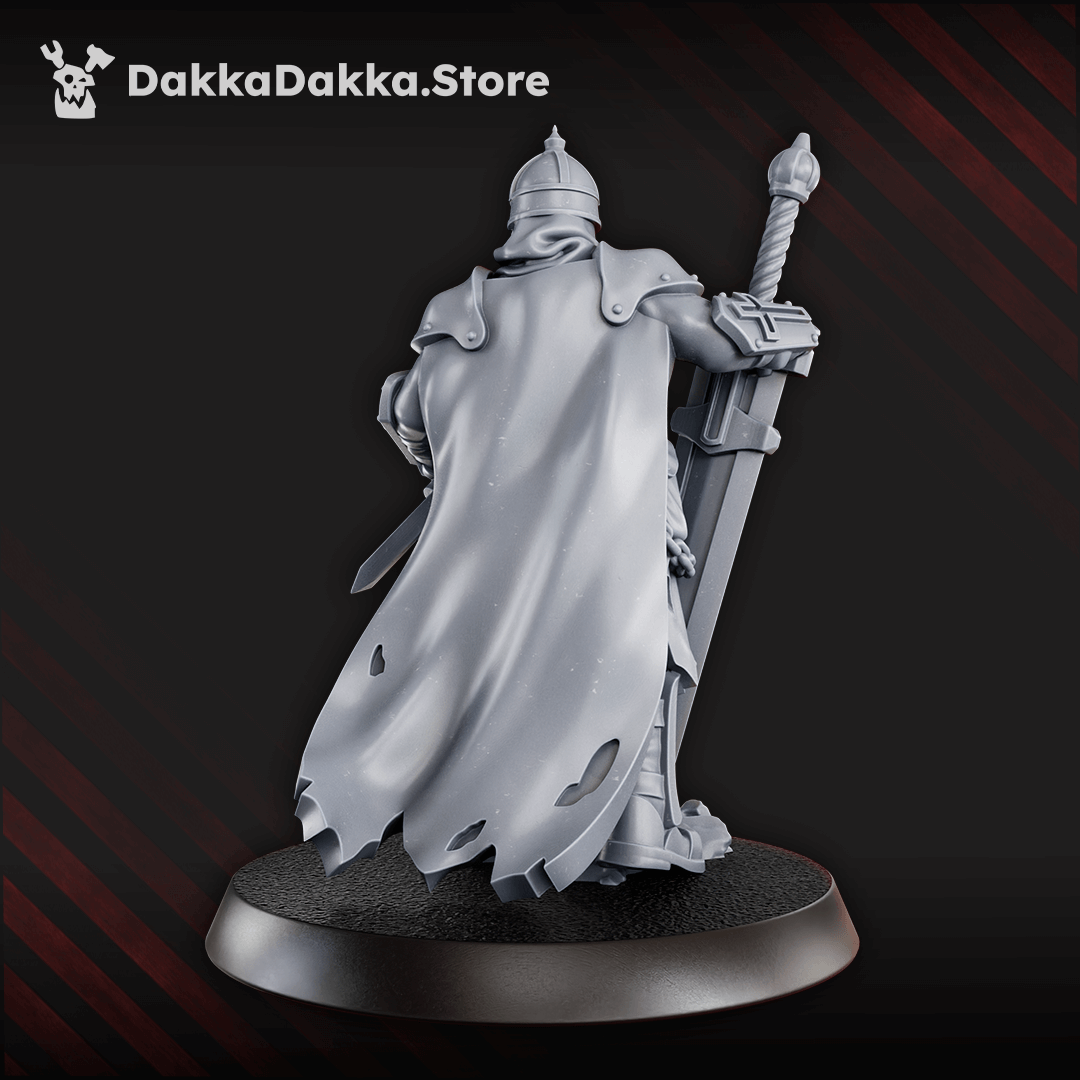 Vityaz Murovets miniature, 33 mm tall, armoured knight with chainmail and plate, helmeted and bearded, hands resting on sword with tip in the ground, featuring Orthodox symbols.