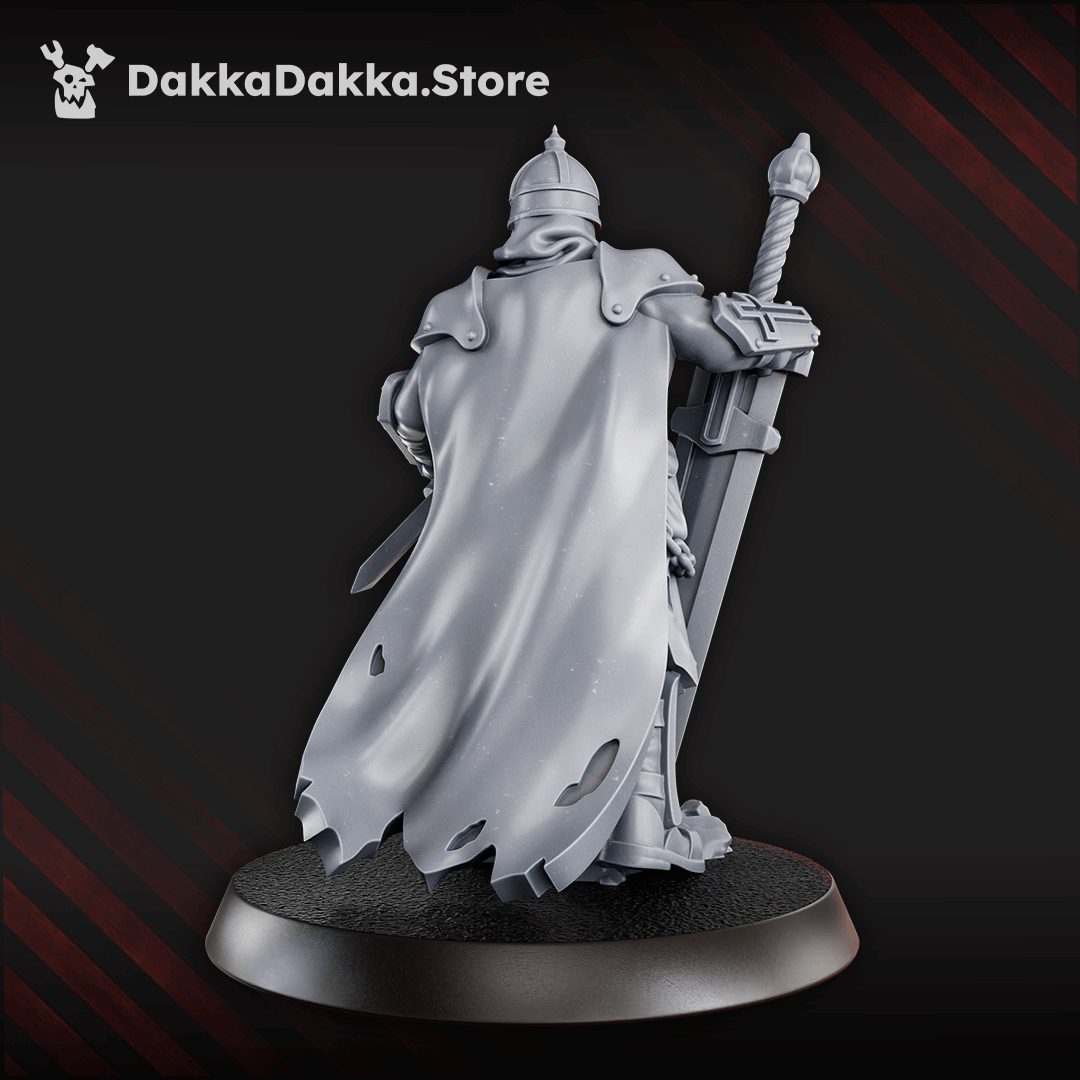 Rear view of knight-monk miniature showing full swept cloak with torn edges and cross-engraved sword pommel